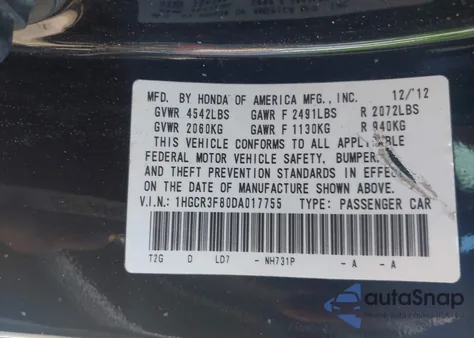 2013 Honda Accord Ex-L V-6 from USA, damaged, VIN 1HGCR3F80DA017755